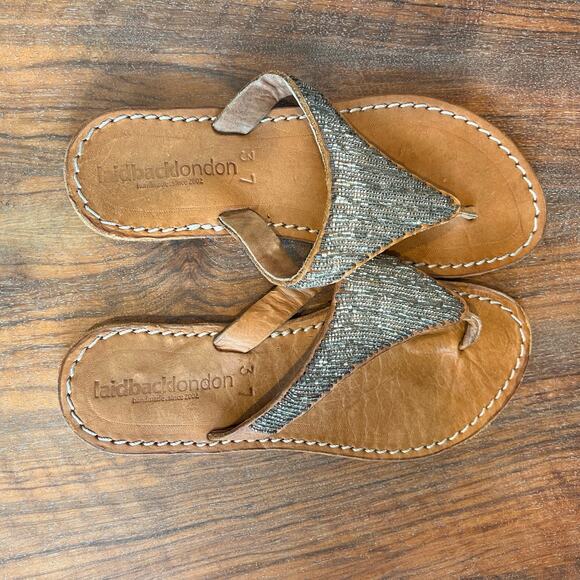 Laidback London Handmade‎ Leather Thong Sandals Beaded Accents Size 37 - Picture 2 of 10